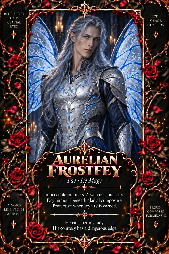 Illustrated character card for Aurelian Frostfey.