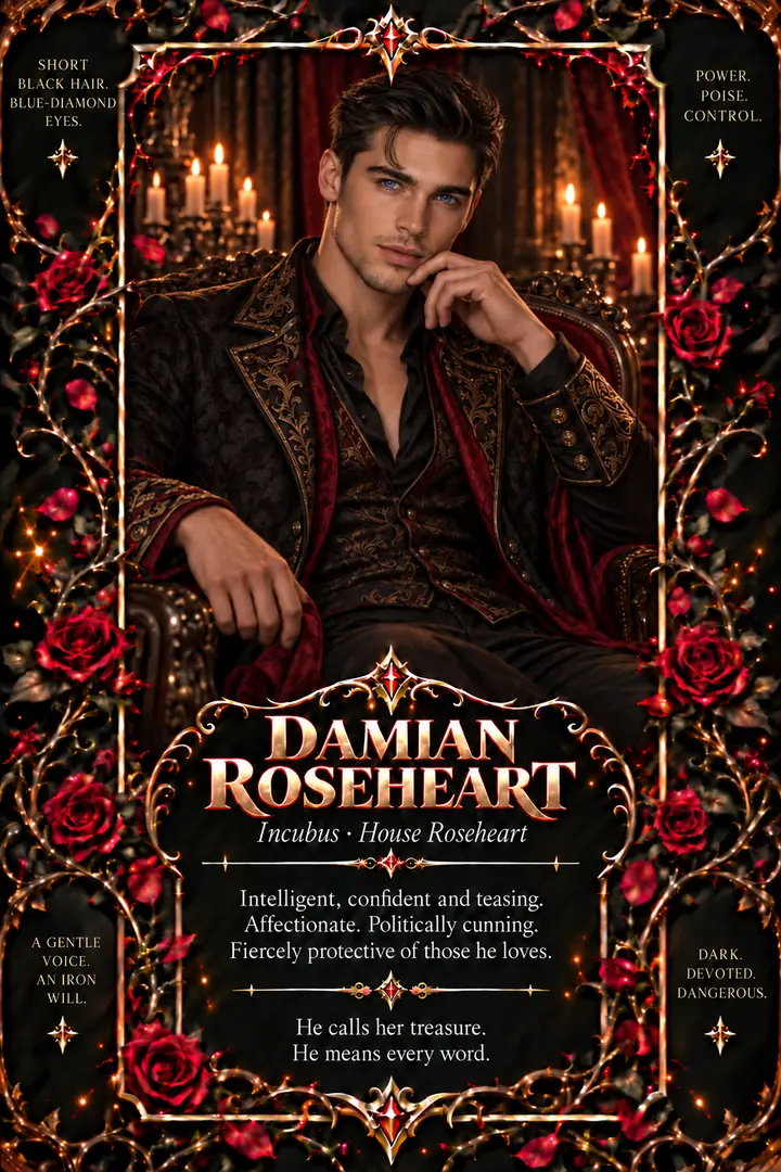 Illustrated character card for Damian Roseheart.