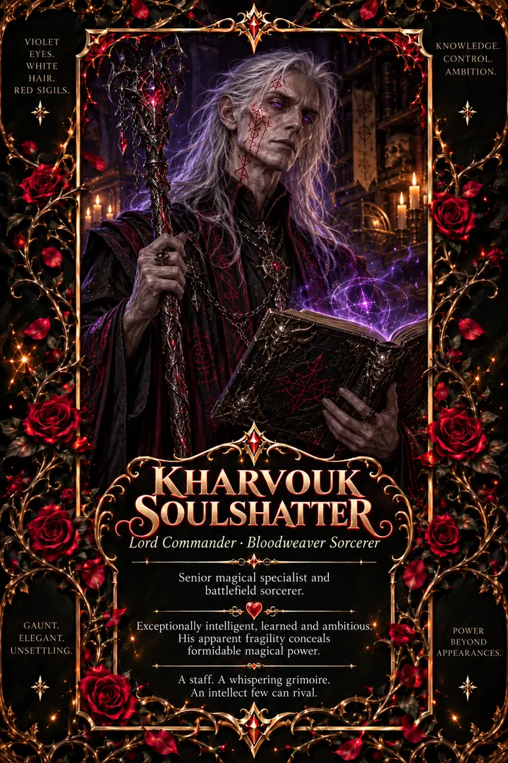 Illustrated character card for Kharvouk Soulshatter.