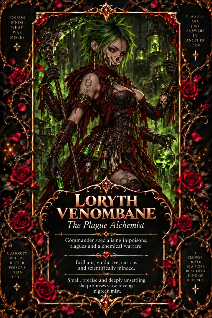 Illustrated character card for Loryth Venombane.