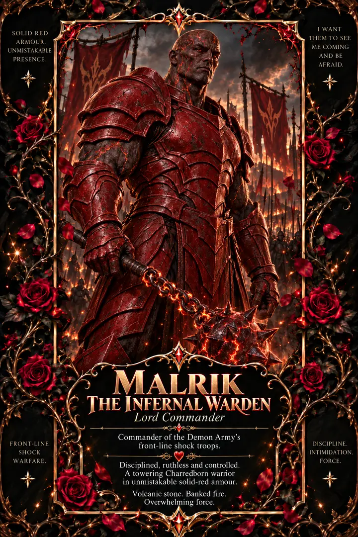 Illustrated character card for Malrik the Infernal Warden.