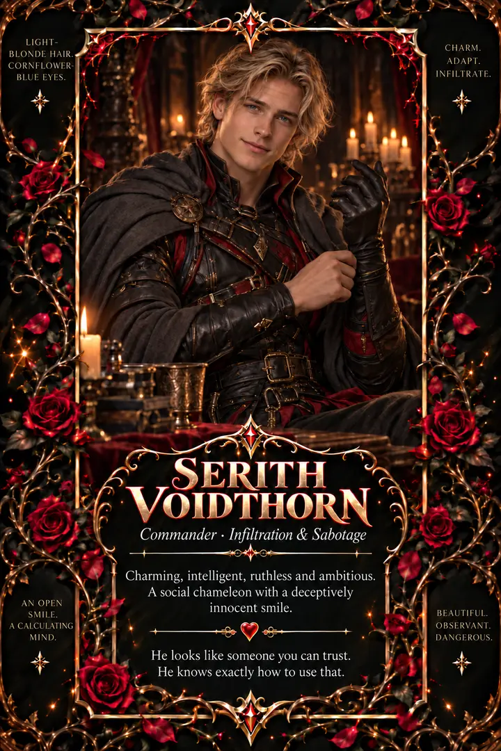 Illustrated character card for Serith Voidthorn.