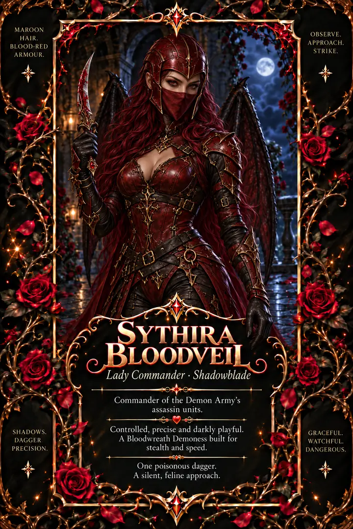Illustrated character card for Sythira Bloodveil.