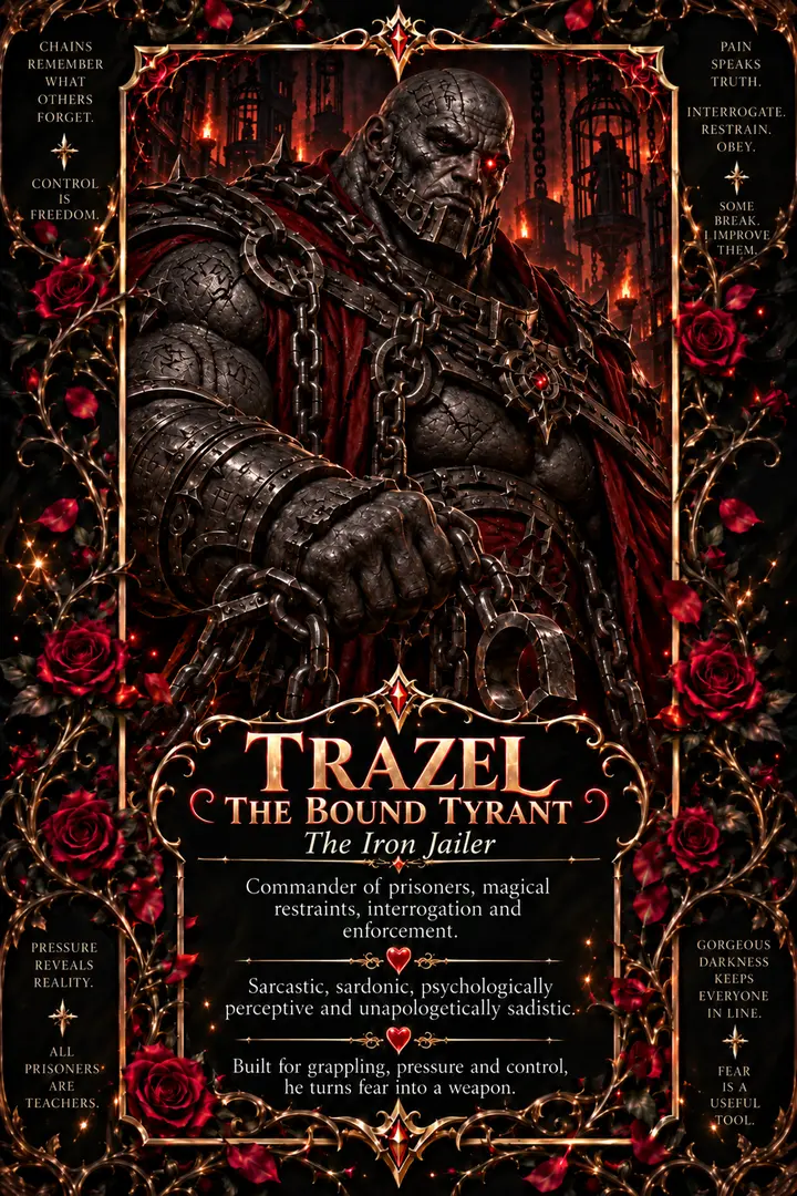 Illustrated character card for Trazel the Bound Tyrant.