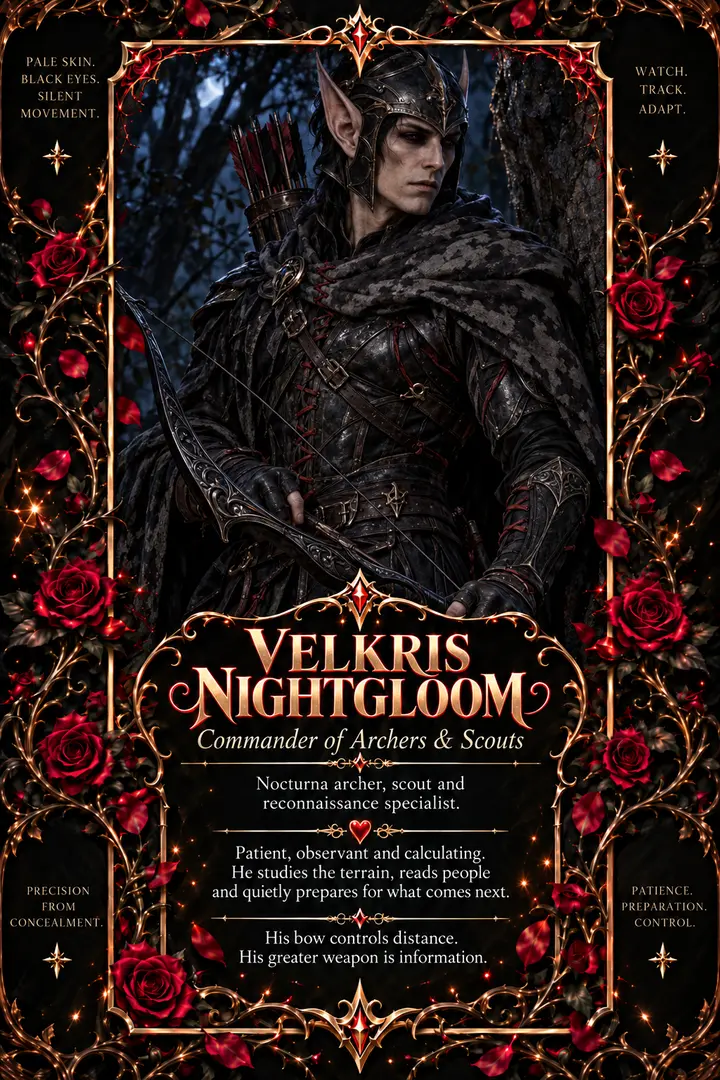 Illustrated character card for Velkris Nightgloom.